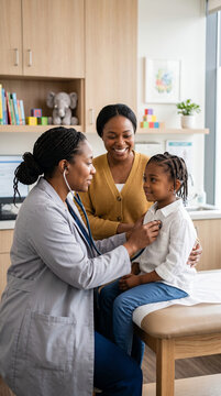 Doctor examines a young child with a stethoscope while a woman looks on, symbolizing pediatric care, trust, and family well-being in a clinic setting.