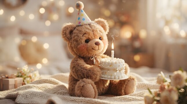Cute teddy bear with birthday hat holding a cake in cozy setting
