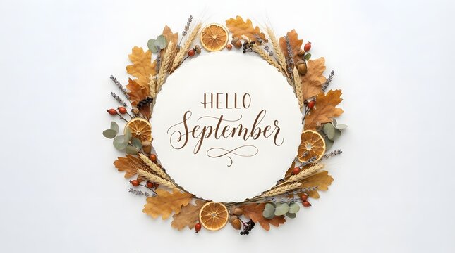Autumn wreath with dried leaves and Hello September text