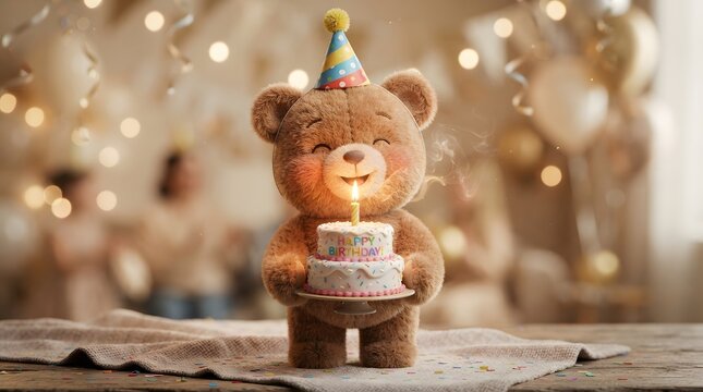 Cute teddy bear with birthday cake and party decorations