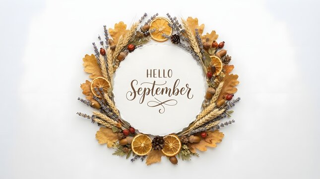 Autumn wreath with dried leaves and fruits welcoming September