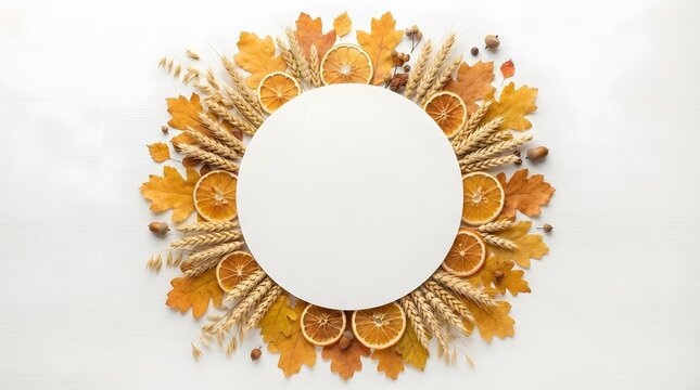 Autumn wreath with dried leaves, oranges, and wheat on white background