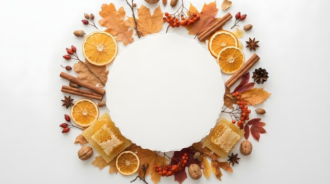 Autumn-themed flat lay with dried oranges and leaves on white background