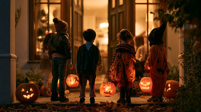 Des enfants portent des lanternes devant une maison pendant Halloween
