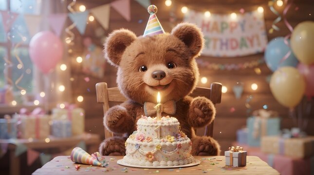 Cute teddy bear celebrating birthday with cake and decorations
