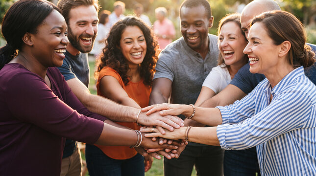 Diverse group of people laughing and stacking hands, symbolizing unity, friendship, and celebration in outdoor sunlight.