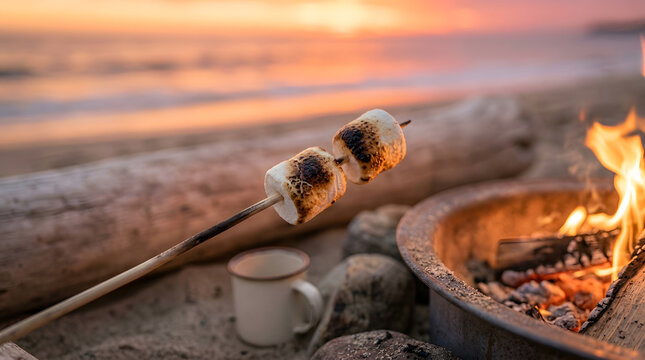 Toasted marshmallows on a stick over a beach bonfire at sunset for summer camping vacation.
