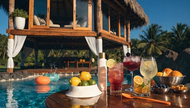 Luxury tropical resort pool with summer cocktails and fresh citrus fruits