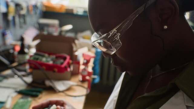 Young adult African American woman wearing safety glasses inspecting green circuit board in robotics lab. Video is ideal for STEM education, tech startups, and diversity in engineering promos