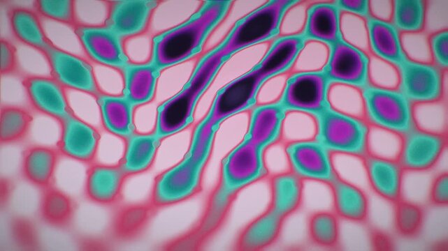Seamless 3d loop animation of abstract organic cell shapes with neon gradient glow and soft noisy texture. Psychedelic fluid pattern for futuristic motion graphics backdrops.