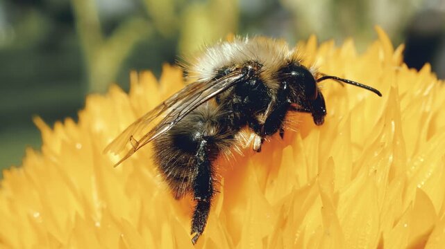 Bumble bee collecting nectar and pollen on Teddy bear sunflower macro close up stock footage