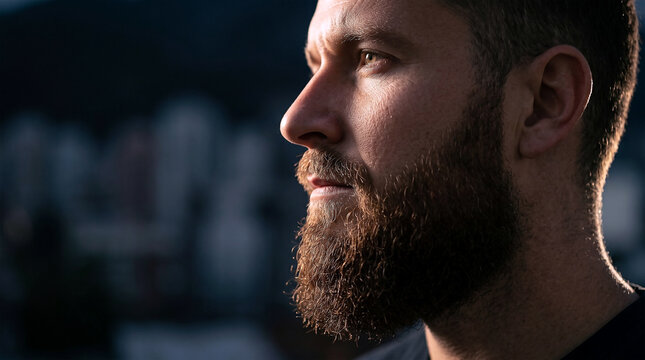 A handsome man with a thick well-groomed beard posing for a professional profile portrait, celebrating beard day with a masculine and confident look