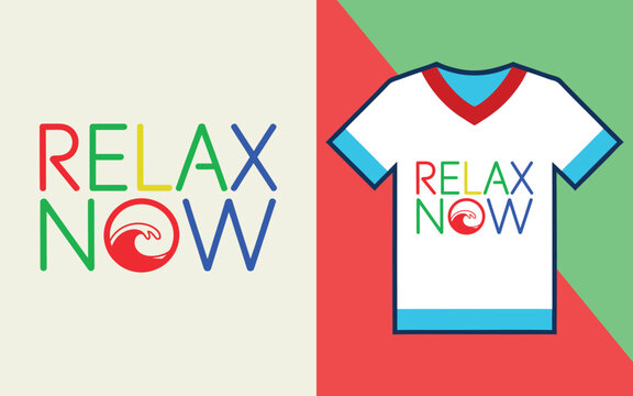 Relax now typography with a red wave displayed on a white t-shirt with red and blue accents for summer