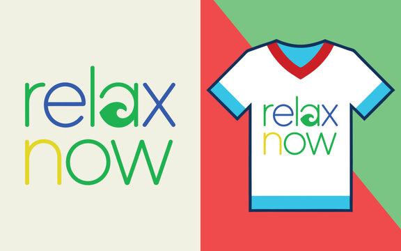 Relax now typography with a wave displayed on a white t-shirt with red and blue accents for summer
