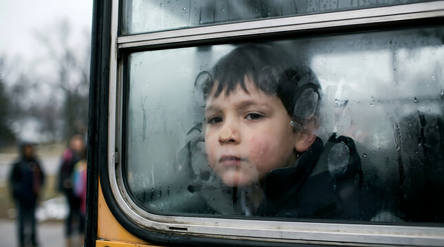 A young boy stares through the fogged window of a school bus while traveling home during a cold winter day looking thoughtfully at the landscape moving past the glass during his daily commute