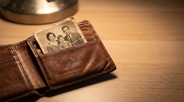 Vintage family portrait photograph tucked inside a brown leather wallet on wooden table