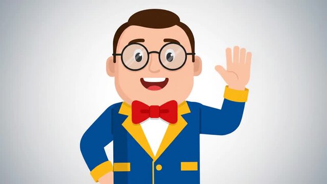 Smiling man in suit waving hand hello.
