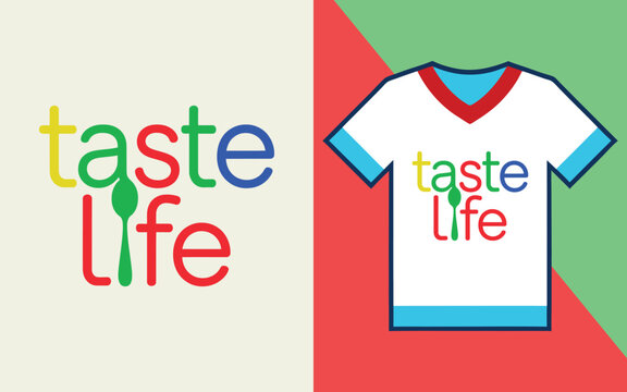 Taste life typography with a spoon on a white t-shirt mockup for apparel printing and fashion