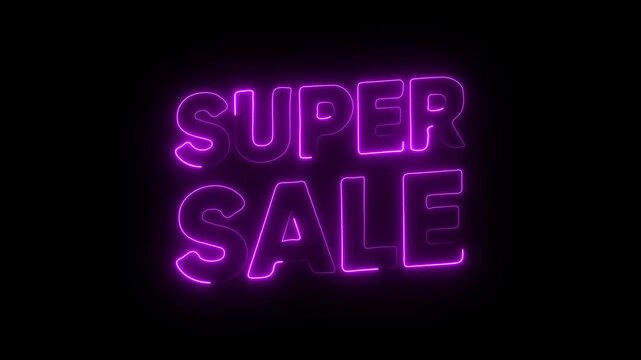 Neon purple super sale text glowing on black background 4k video.