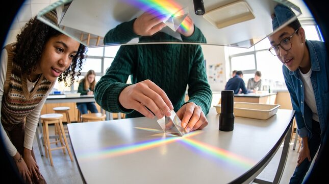 Students explore prism light in a reflective science classroom