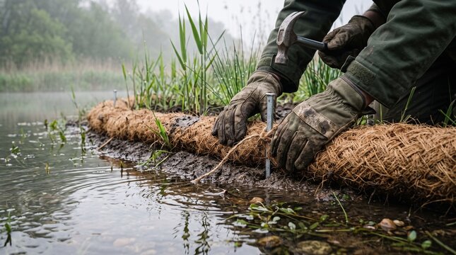 Biodegradable erosion control supports new wetland reeds