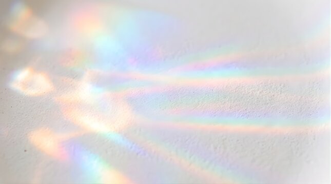 Soft rainbow light prism reflection on white textured background