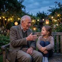 Fototapeta premium Happy senior grandfather telling stories to smiling little granddaughter sitting on wooden bench in cozy evening garden with string lights