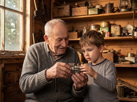 Loving grandfather showing a vintage toy train to his young grandson in a rustic workshop