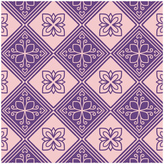 Fototapeta premium Seamless purple and pink diamond pattern with symmetrical geometric floral ornaments
