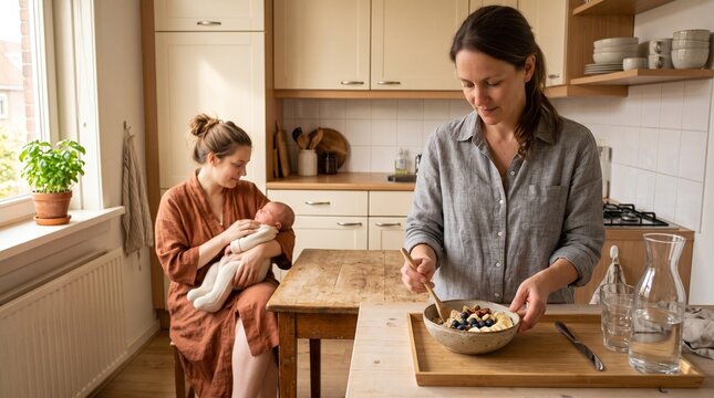 Home care worker prepares breakfast beside a new mother