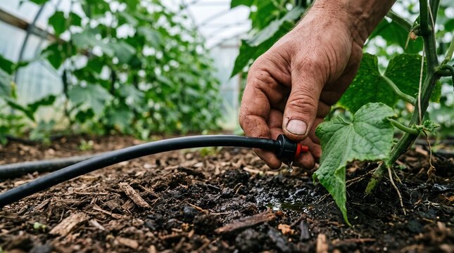 Grower adjusts drip irrigation beside cucumber roots