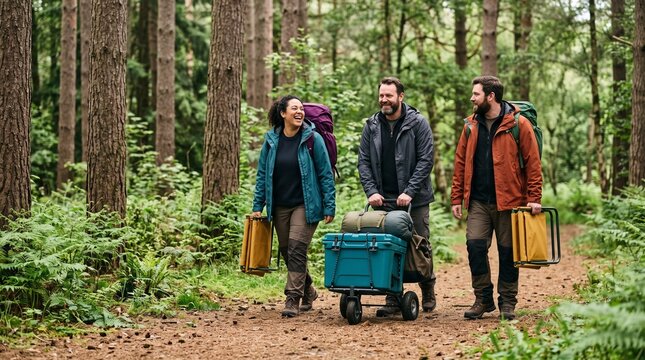 Friends arrive with colorful gear at a forest campground