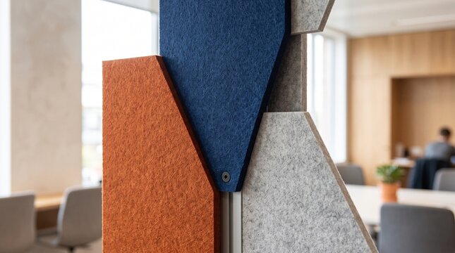 Layered acoustic felt panels create a crisp geometric wall detail
