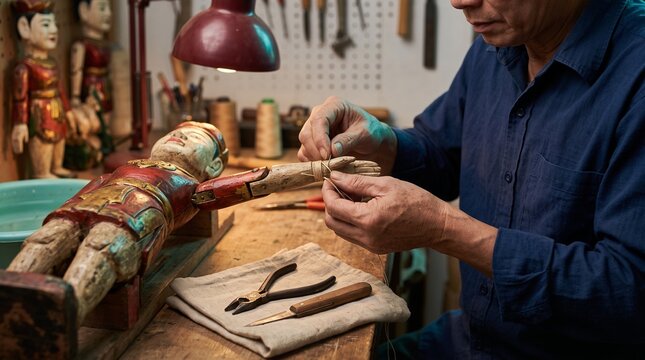 Restoring a traditional water puppet in a Vietnamese workshop