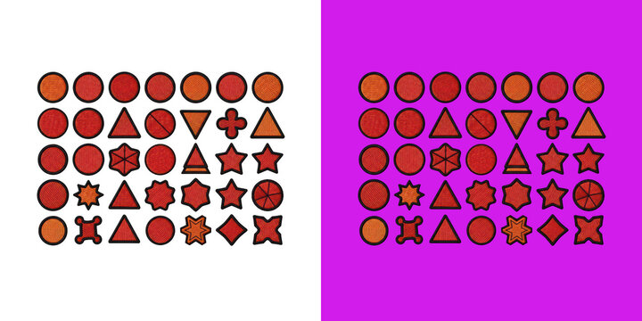 Embroidered geometric patch set with stitched fabric icons