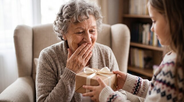 Surprised elderly grandmother receiving a wrapped gift from her little granddaughter in a cozy living room