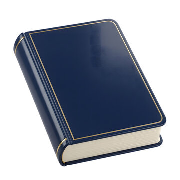 A single closed blue leather journal with gold trim isolated on transparent background