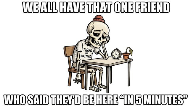 Humorous Skeleton Waiting: A skeletal figure, adorned with a shirt stating First to Wait, slumps at a desk, conveying a relatable sense of exasperated patience.