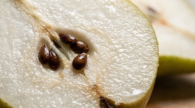Macro shot of a sliced pear revealing its seeds.