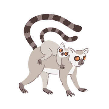 Cartoon animals for baby nursery poster. Mother lemur stands with her little cute baby. Isolated illustration  on a white background. Adorable Lemur family