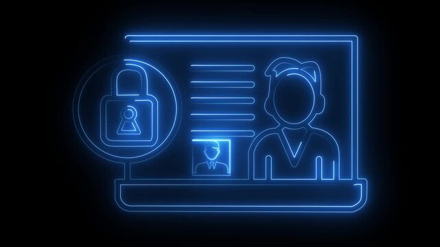 User profile protected by a padlock symbol rendered in blue neon lines, depicting secure digital identity management and cybersecurity protocols for safeguarding personal data against cyber threats.