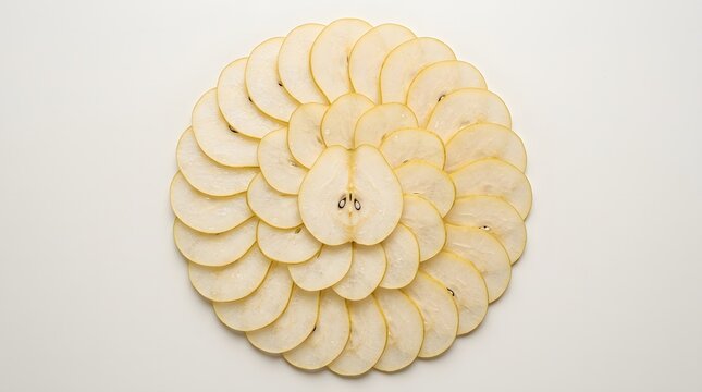 A top-down shot of apple slices arranged in a circular, flower-like pattern on a white surface.