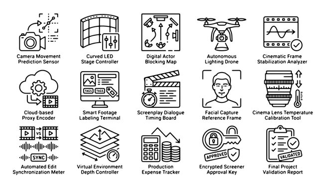 Modern filmmaking technology icons, 15 digital cinema production line art symbols, professional video editing and virtual studio tools