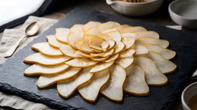 Sliced Abalone Platter on Dark Stone Slate.