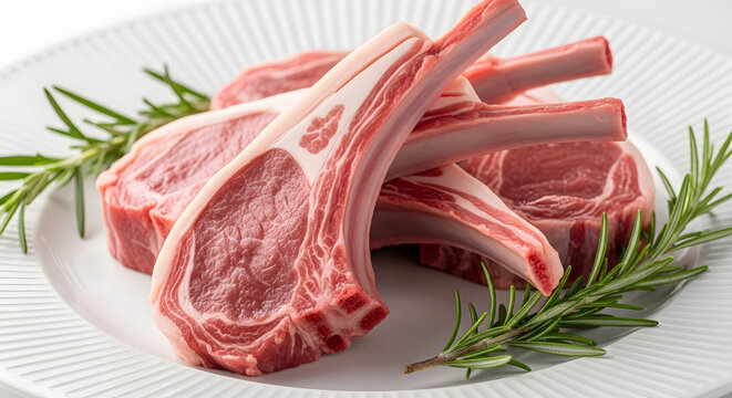 Raw lamb chops on white plate garnished with fresh green rosemary sprigs