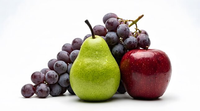 A still life arrangement featuring a vibrant green pear, a deep red apple, and a large bunch of dark purple grapes on a clean white background.