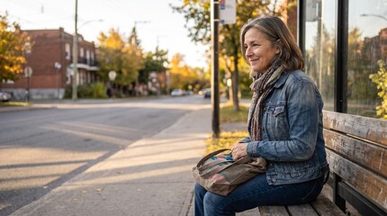 Fototapeta premium Mature woman smiling gently while waiting at a city bus stop bench during autumn sunset