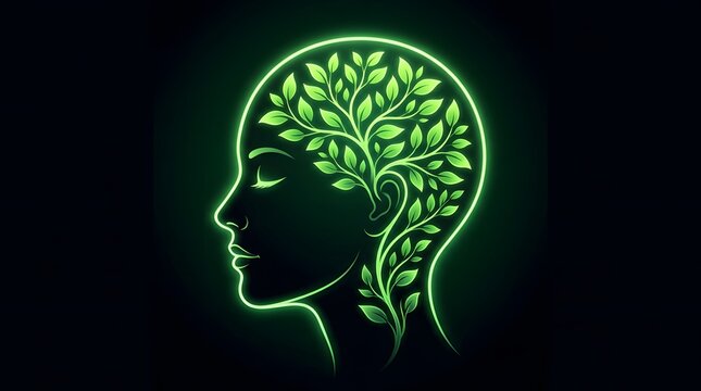 Glowing human head silhouette with tree leaves representing mental health and nature connection