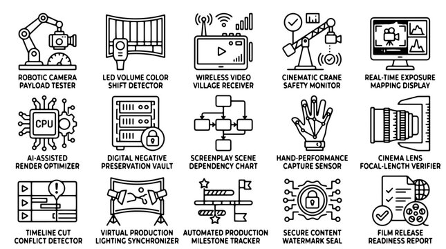 Cinematic production technology icons, 15 film industry technical vector symbols, digital filmmaking and virtual production line art set