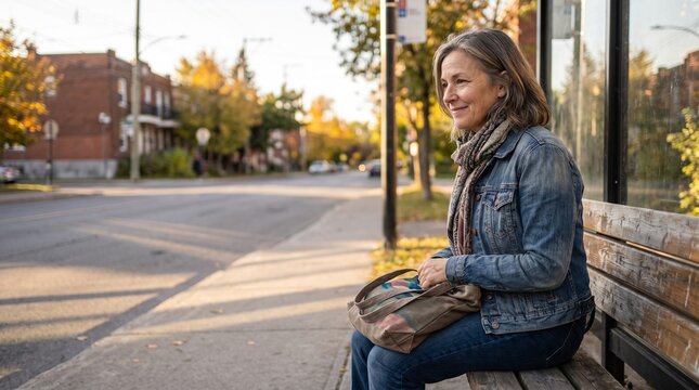 Mature woman smiling gently while waiting at a city bus stop bench during autumn sunset
